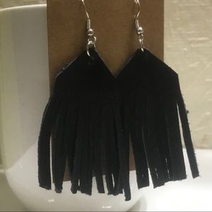 Black Fringe Real Leather Earrings
